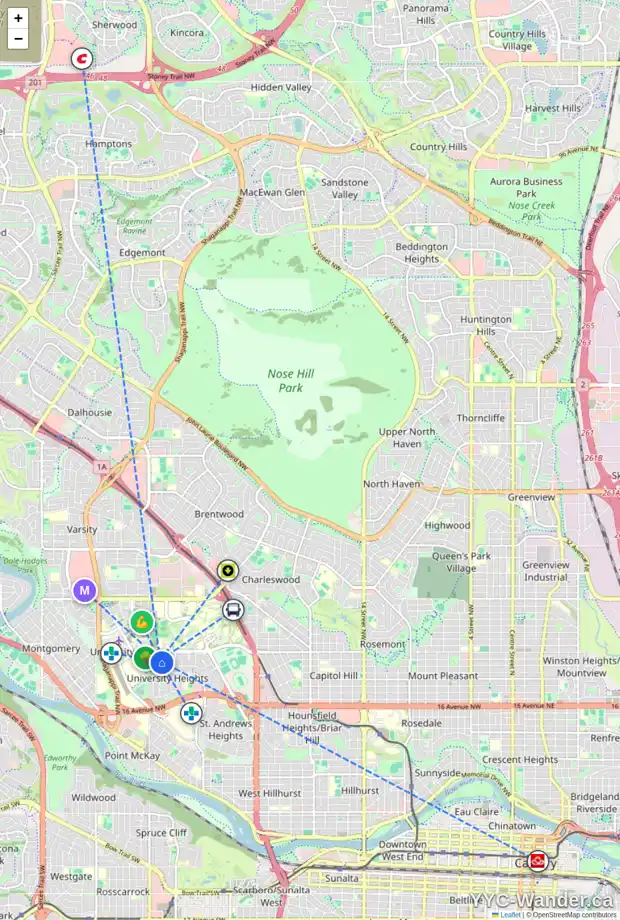 Daily accessibility map for 2411 ULRICH RD NW, Calgary showing nearby schools, grocery stores, parks, LRT stations and nearby amenities