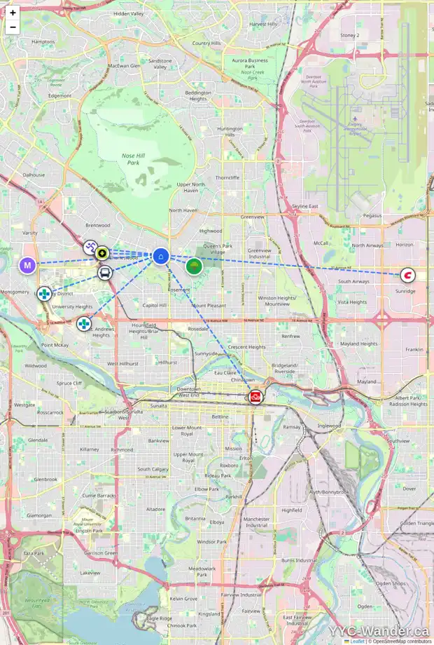 Daily accessibility map for 14 CHELTENHAM RD NW, Calgary showing nearby schools, grocery stores, parks, LRT stations and nearby amenities