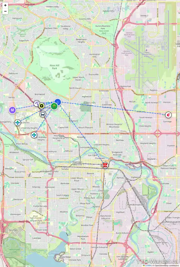 Daily accessibility map for 76 COLUMBIA PL NW, Calgary showing nearby schools, grocery stores, parks, LRT stations and nearby amenities
