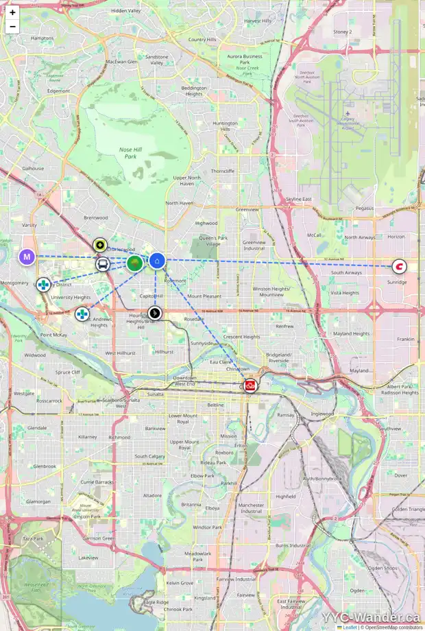 Daily accessibility map for 3219 CAROL DR NW, Calgary showing nearby schools, grocery stores, parks, LRT stations and nearby amenities