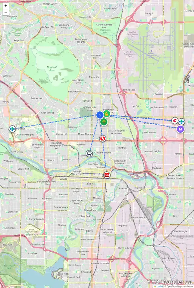 Daily accessibility map for 3423 CENTRE B ST NW, Calgary showing nearby schools, grocery stores, parks, LRT stations and nearby amenities