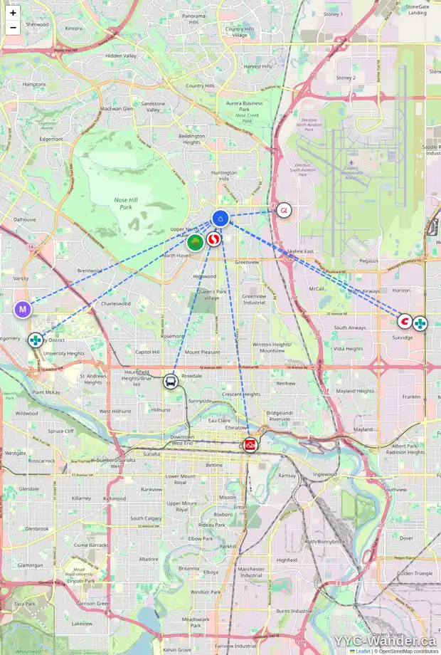 Daily accessibility map for 424 BLACKTHORN RD NW, Calgary showing nearby schools, grocery stores, parks, LRT stations and nearby amenities