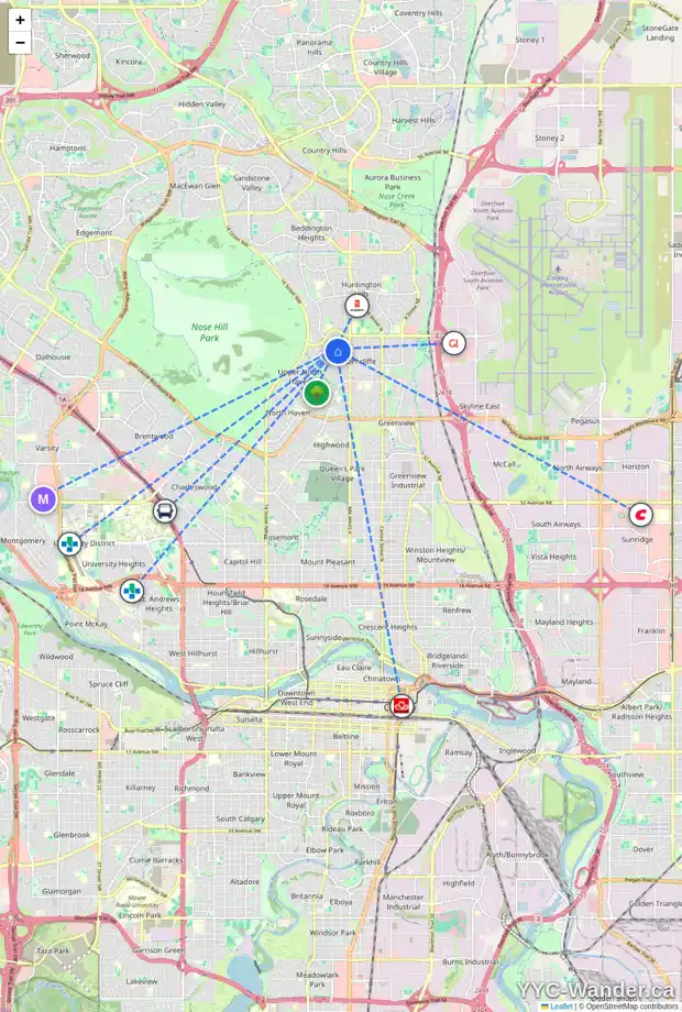 Daily accessibility map for 6215 THORNABY WY NW, Calgary showing nearby schools, grocery stores, parks, LRT stations and nearby amenities