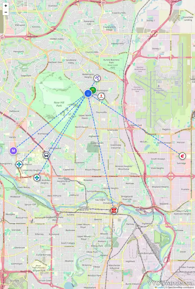 Daily accessibility map for 106 7416 HUNTERVIEW DR NW, Calgary showing nearby schools, grocery stores, parks, LRT stations and nearby amenities