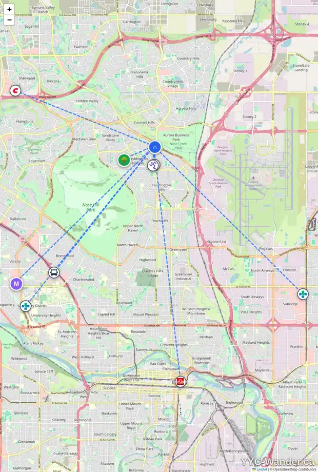 Daily accessibility map for 38 BERNARD CL NW, Calgary showing nearby schools, grocery stores, parks, LRT stations and nearby amenities