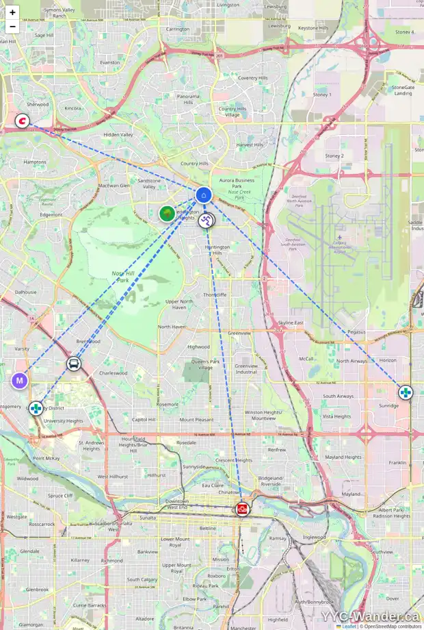 Daily accessibility map for 24 BERNARD WY NW, Calgary showing nearby schools, grocery stores, parks, LRT stations and nearby amenities