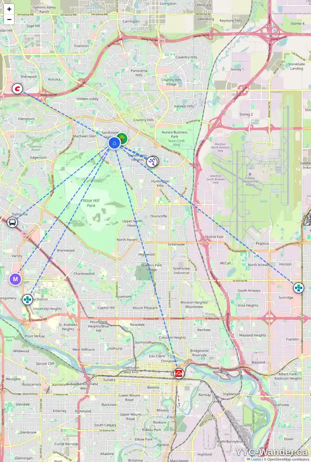 Daily accessibility map for 264 SANDARAC PL NW, Calgary showing nearby schools, grocery stores, parks, LRT stations and nearby amenities