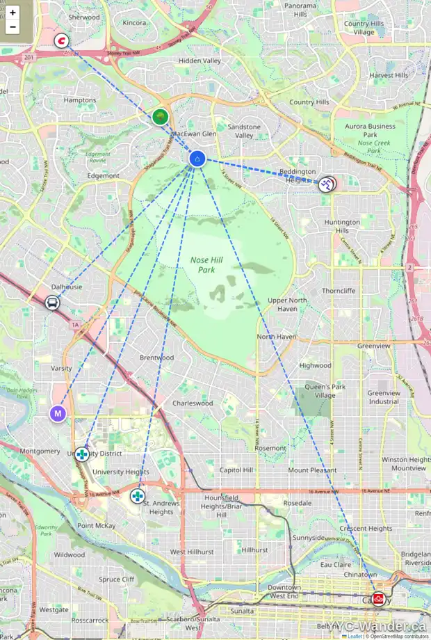 Daily accessibility map for 172 MACEWAN GLEN DR NW, Calgary showing nearby schools, grocery stores, parks, LRT stations and nearby amenities