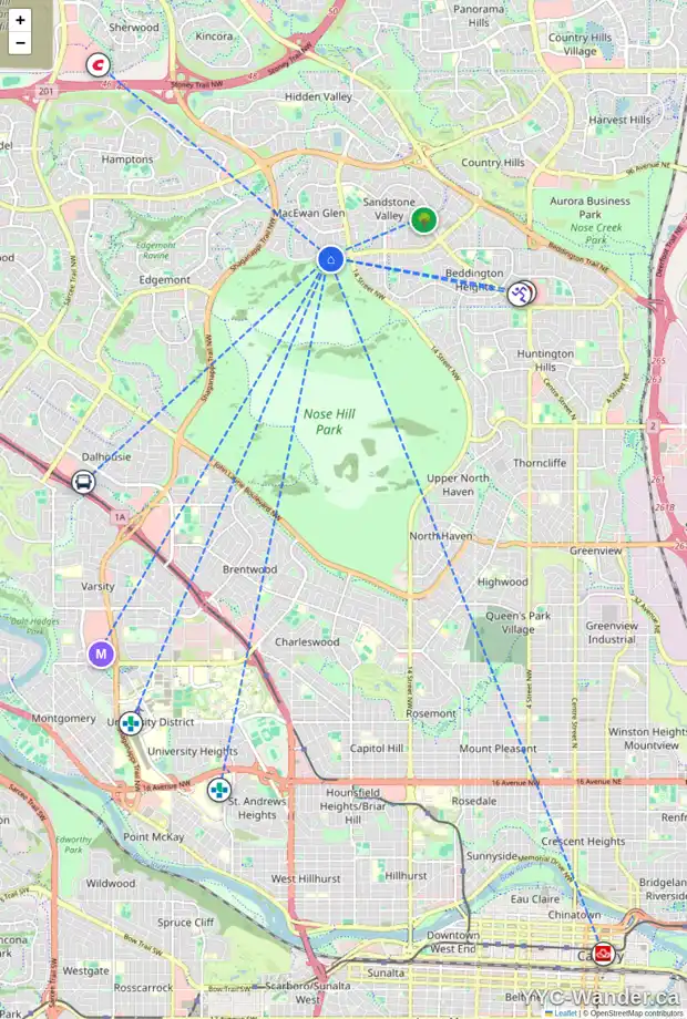 Daily accessibility map for 84 MACEWAN GLEN DR NW, Calgary showing nearby schools, grocery stores, parks, LRT stations and nearby amenities