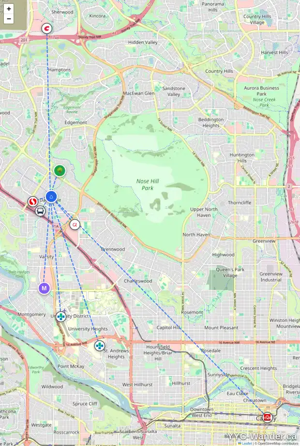 Daily accessibility map for 6024 DALFORD RD NW, Calgary showing nearby schools, grocery stores, parks, LRT stations and nearby amenities