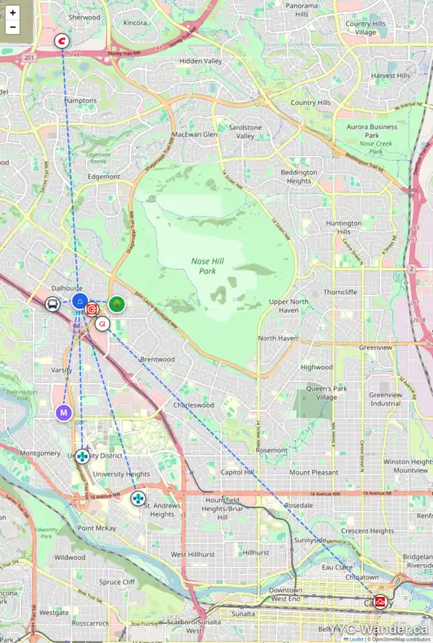 Daily accessibility map for 5823 DALGETTY DR NW, Calgary showing nearby schools, grocery stores, parks, LRT stations and nearby amenities
