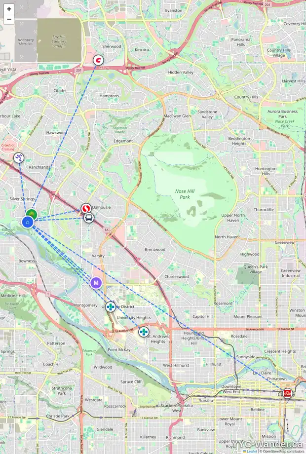 Daily accessibility map for 203 SILVER CREST RD NW, Calgary showing nearby schools, grocery stores, parks, LRT stations and nearby amenities