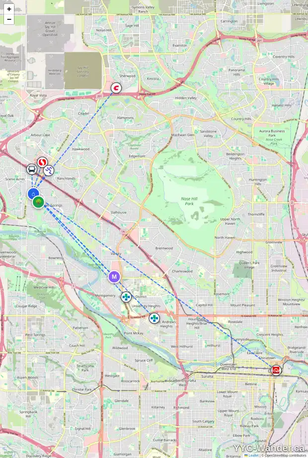 Daily accessibility map for 216 SILVERCREEK CL NW, Calgary showing nearby schools, grocery stores, parks, LRT stations and nearby amenities