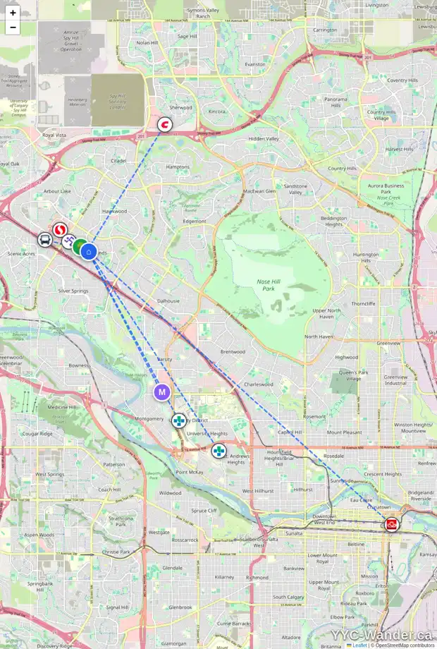 Daily accessibility map for 8202 RANCHVIEW DR NW, Calgary showing nearby schools, grocery stores, parks, LRT stations and nearby amenities
