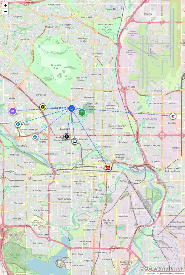 Daily accessibility map for 3619 14 ST NW, Calgary showing nearby schools, grocery stores, parks, LRT stations and nearby amenities