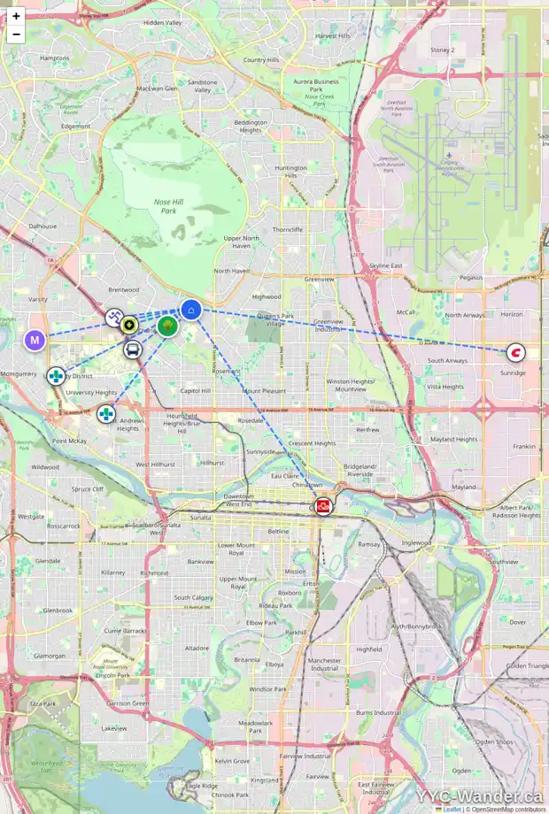 Daily accessibility map for 28 CAPRI AV NW, Calgary showing nearby schools, grocery stores, parks, LRT stations and nearby amenities