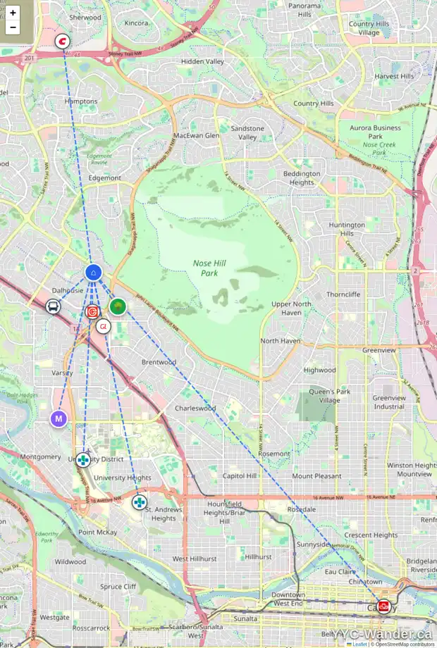 Daily accessibility map for 12 DALZELL PL NW, Calgary showing nearby schools, grocery stores, parks, LRT stations and nearby amenities