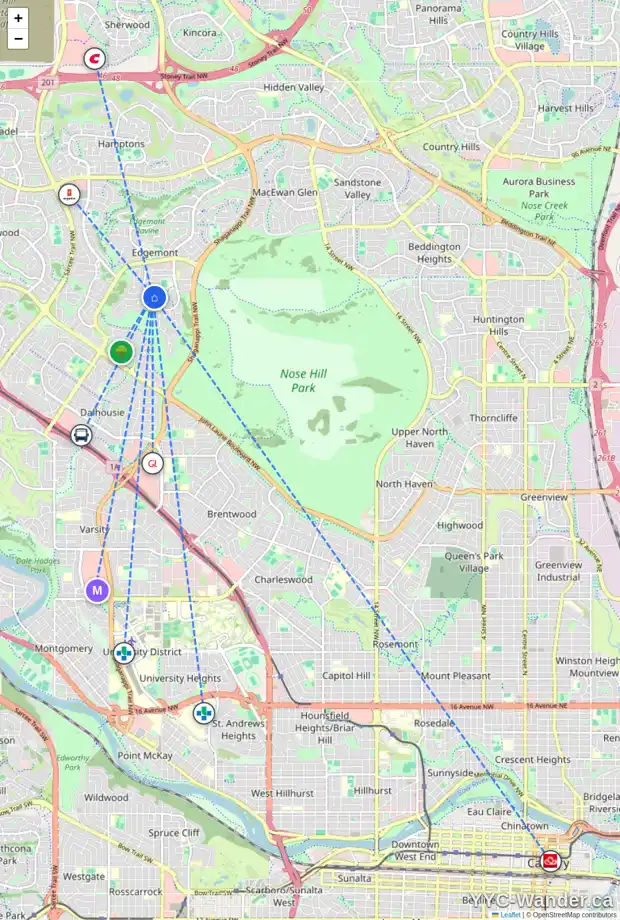 Daily accessibility map for 204 EDCATH PL NW, Calgary showing nearby schools, grocery stores, parks, LRT stations and nearby amenities