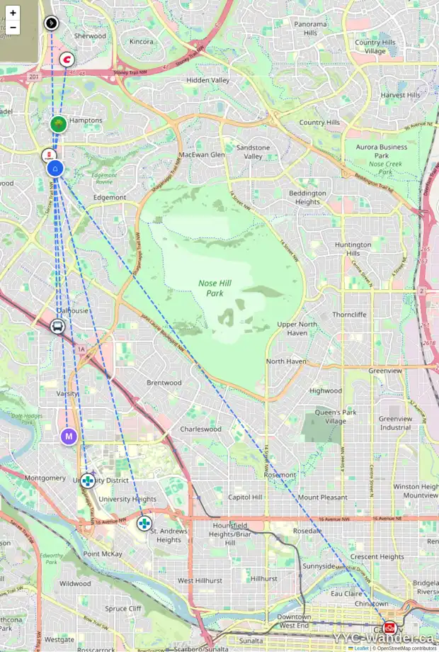 Daily accessibility map for 24 EDGEBURN CR NW, Calgary showing nearby schools, grocery stores, parks, LRT stations and nearby amenities