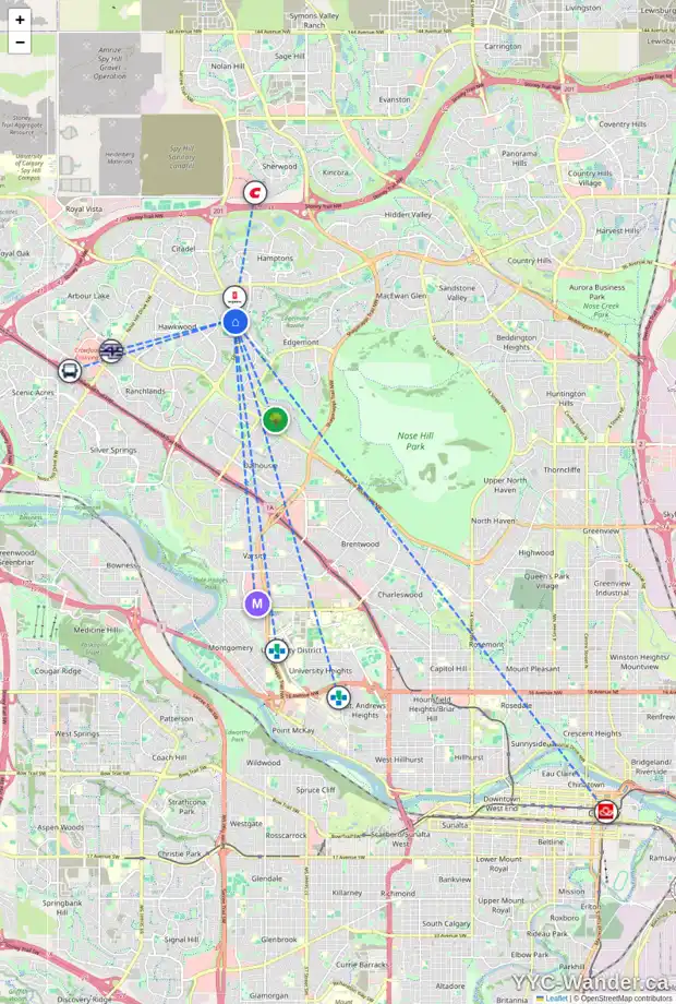 Daily accessibility map for 444 HAWKHILL PL NW, Calgary showing nearby schools, grocery stores, parks, LRT stations and nearby amenities