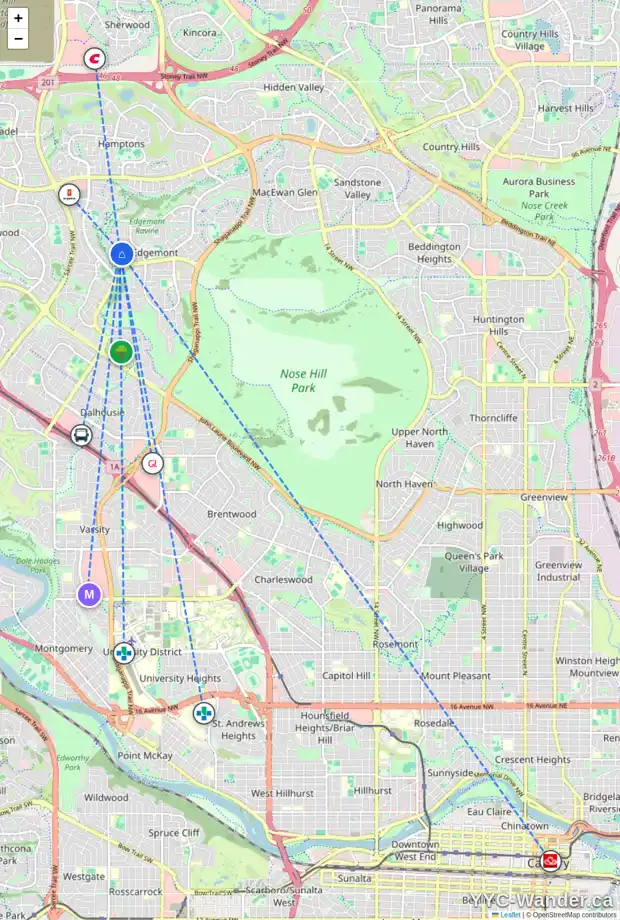 Daily accessibility map for 153 EDGEVIEW RD NW, Calgary showing nearby schools, grocery stores, parks, LRT stations and nearby amenities