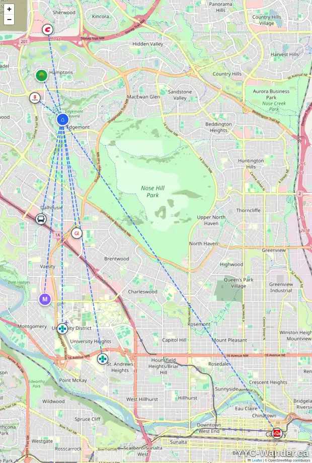Daily accessibility map for 472 EDGEVIEW PL NW, Calgary showing nearby schools, grocery stores, parks, LRT stations and nearby amenities