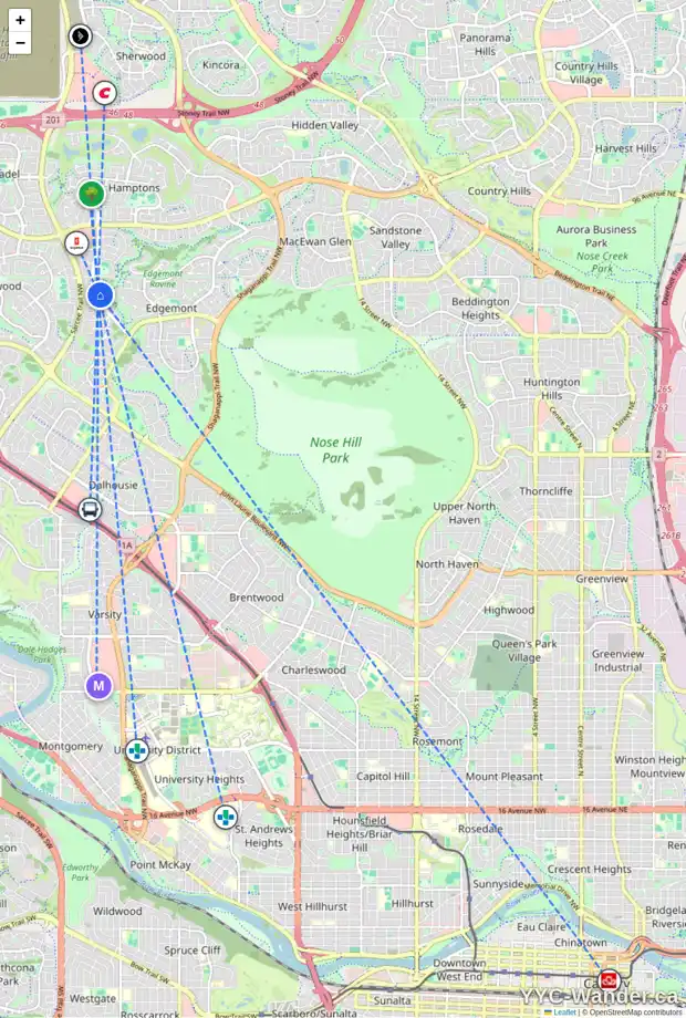 Daily accessibility map for 196 EDGEPARK BV NW, Calgary showing nearby schools, grocery stores, parks, LRT stations and nearby amenities