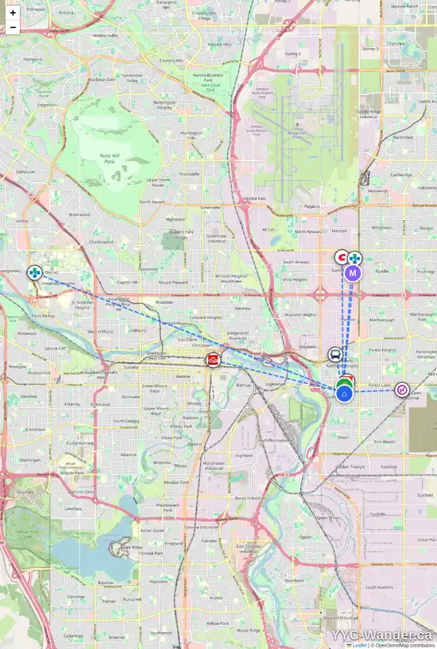 Daily accessibility map for 2013 BIRCH CR SE, Calgary showing nearby schools, grocery stores, parks, LRT stations and nearby amenities