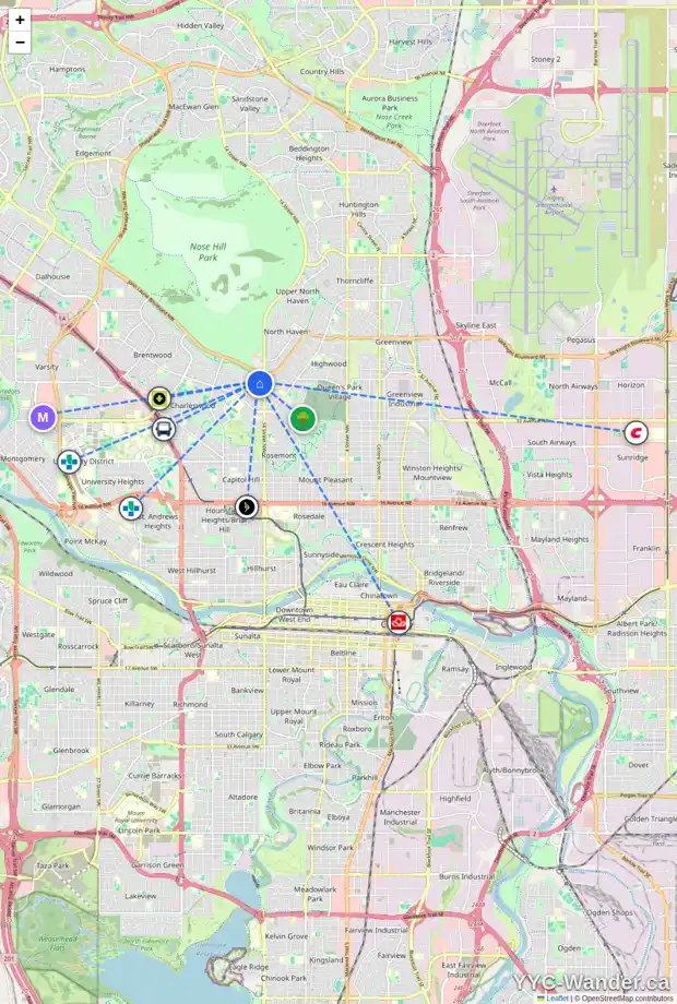 Daily accessibility map for 1623 CAYUGA DR NW, Calgary showing nearby schools, grocery stores, parks, LRT stations and nearby amenities
