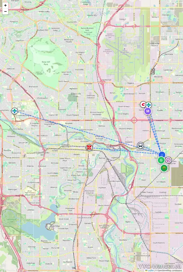 Daily accessibility map for 1508 45 ST SE, Calgary showing nearby schools, grocery stores, parks, LRT stations and nearby amenities