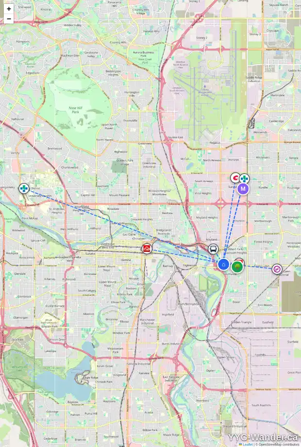 Daily accessibility map for 2606 16 AV SE, Calgary showing nearby schools, grocery stores, parks, LRT stations and nearby amenities