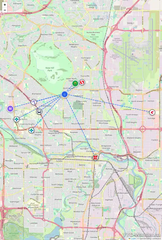 Daily accessibility map for 4519 NORQUAY DR NW, Calgary showing nearby schools, grocery stores, parks, LRT stations and nearby amenities