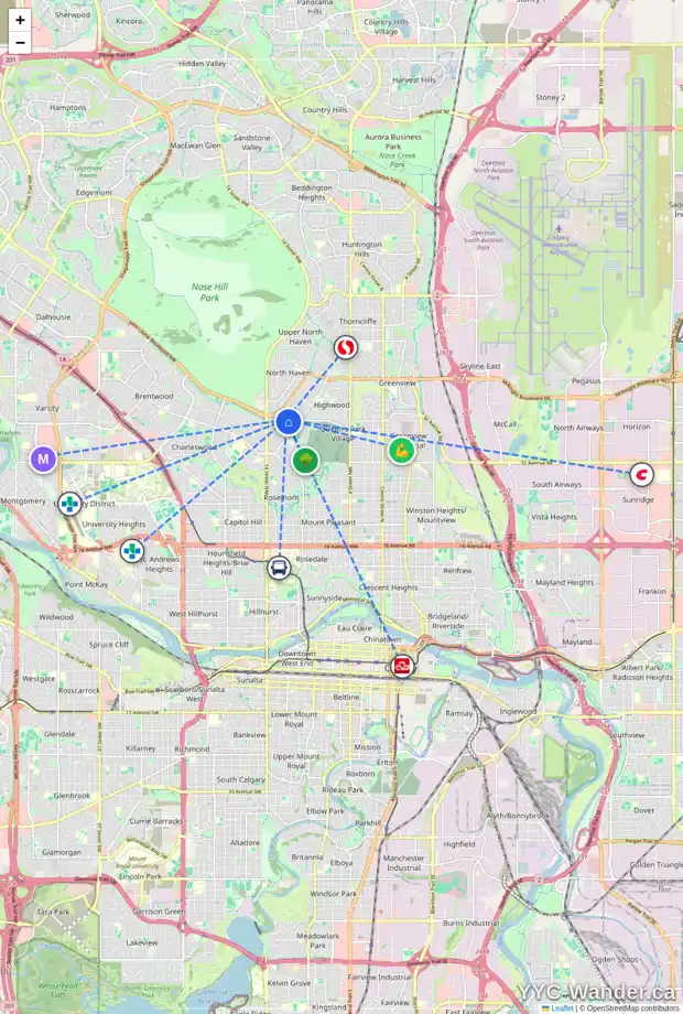 Daily accessibility map for 100 COLERIDGE RD NW, Calgary showing nearby schools, grocery stores, parks, LRT stations and nearby amenities