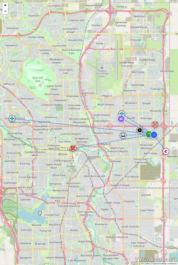 Daily accessibility map for 6843 8 AV NE, Calgary showing nearby schools, grocery stores, parks, LRT stations and nearby amenities