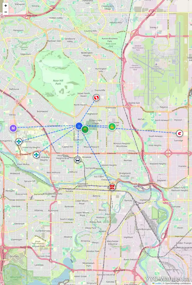 Daily accessibility map for 676 NORTHMOUNT DR NW, Calgary showing nearby schools, grocery stores, parks, LRT stations and nearby amenities