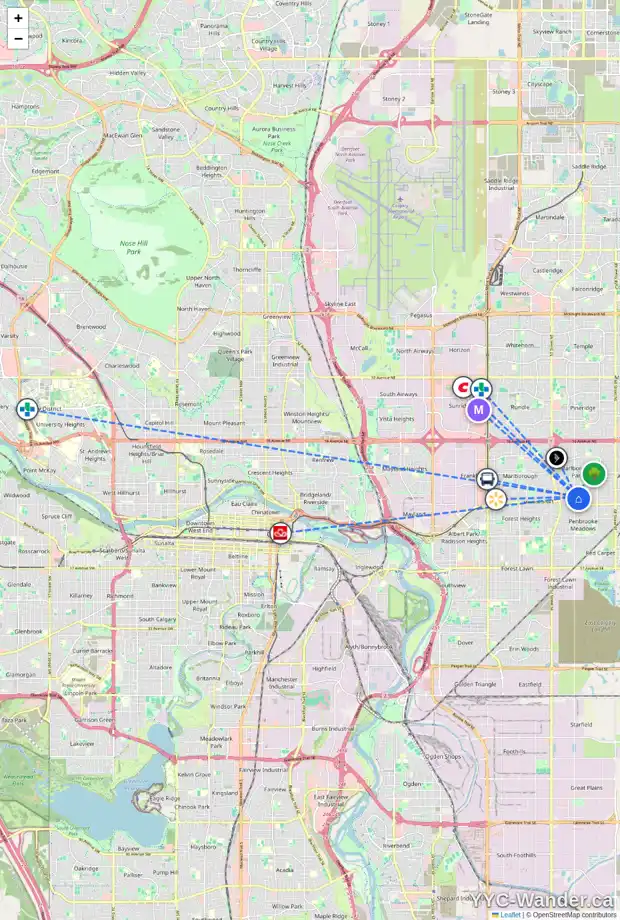 Daily accessibility map for 5839 MADDOCK DR NE, Calgary showing nearby schools, grocery stores, parks, LRT stations and nearby amenities