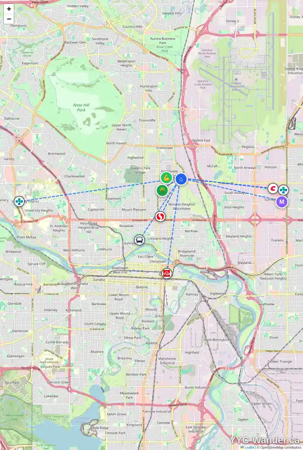 Daily accessibility map for 640 34 AV NE, Calgary showing nearby schools, grocery stores, parks, LRT stations and nearby amenities