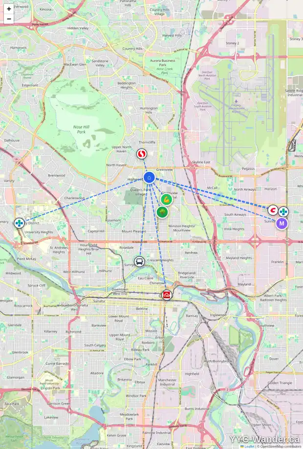 Daily accessibility map for 339 44 AV NW, Calgary showing nearby schools, grocery stores, parks, LRT stations and nearby amenities