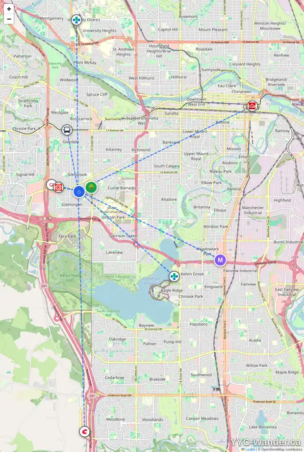 Daily accessibility map for 23 GAINSBOROUGH DR SW, Calgary showing nearby schools, grocery stores, parks, LRT stations and nearby amenities
