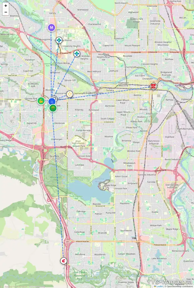 Daily accessibility map for 19 GATEWAY DR SW, Calgary showing nearby schools, grocery stores, parks, LRT stations and nearby amenities