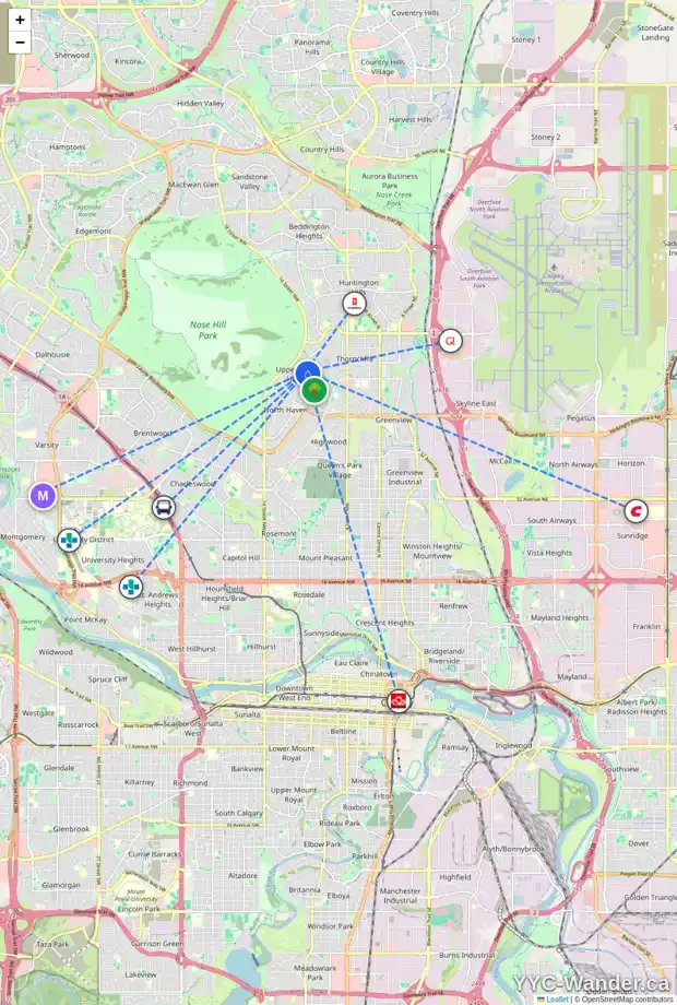 Daily accessibility map for 1352 56 AV NW, Calgary showing nearby schools, grocery stores, parks, LRT stations and nearby amenities