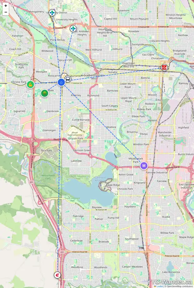Daily accessibility map for 1628 38 ST SW, Calgary showing nearby schools, grocery stores, parks, LRT stations and nearby amenities