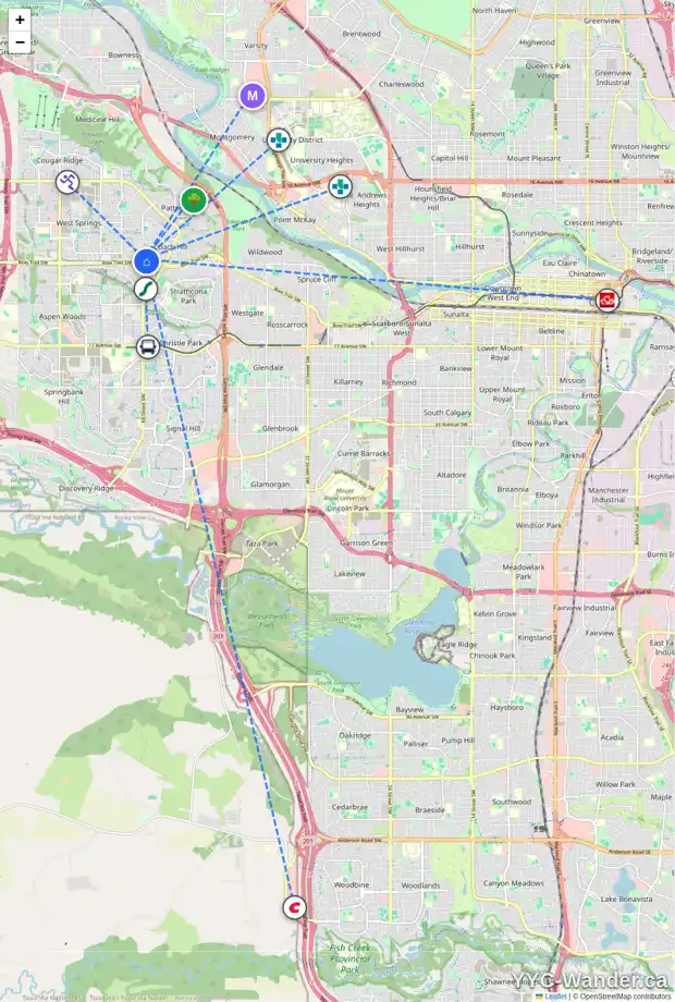 Daily accessibility map for 6915 COACH RIDGE RD SW, Calgary showing nearby schools, grocery stores, parks, LRT stations and nearby amenities