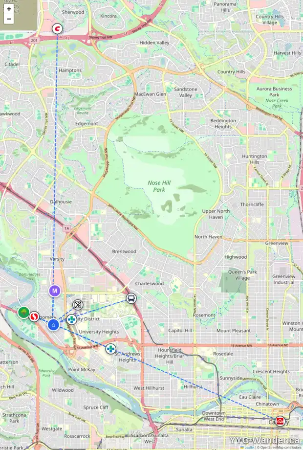 Daily accessibility map for 4619 20 AV NW, Calgary showing nearby schools, grocery stores, parks, LRT stations and nearby amenities