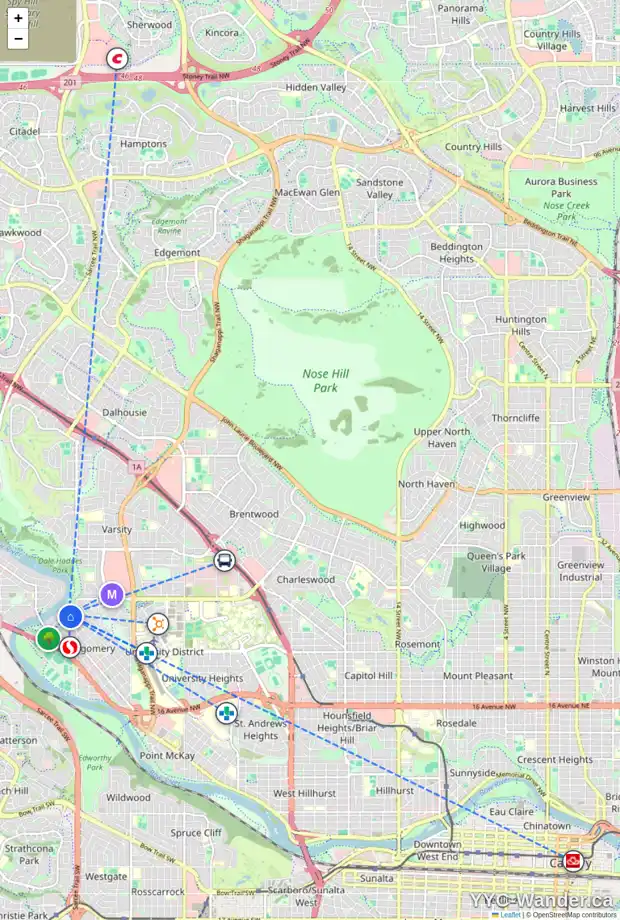 Daily accessibility map for 2008 52 ST NW, Calgary showing nearby schools, grocery stores, parks, LRT stations and nearby amenities