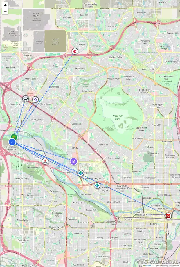 Daily accessibility map for 9031 33 AV NW, Calgary showing nearby schools, grocery stores, parks, LRT stations and nearby amenities