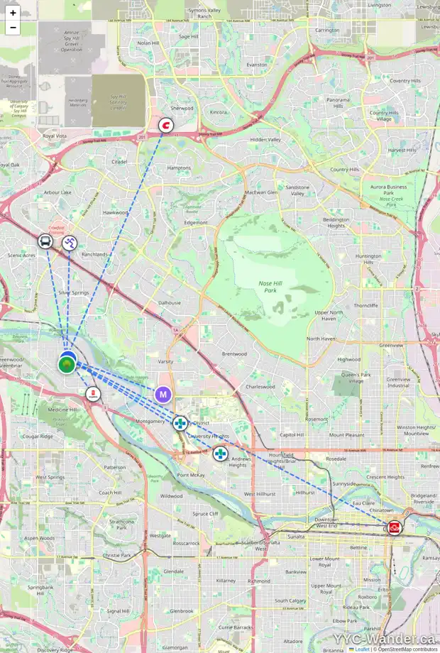 Daily accessibility map for 6 4528 75 ST NW, Calgary showing nearby schools, grocery stores, parks, LRT stations and nearby amenities