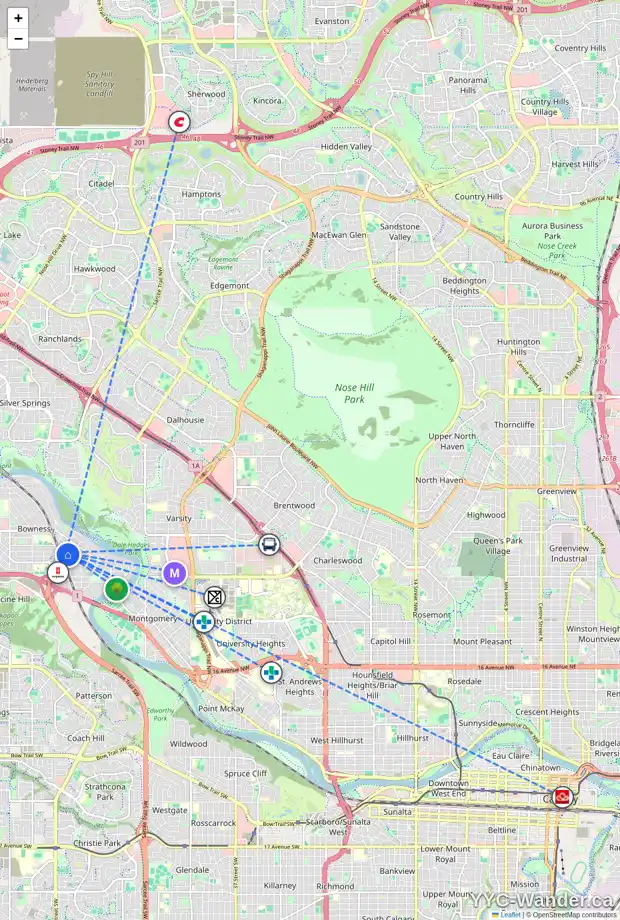 Daily accessibility map for 6545 36 AV NW, Calgary showing nearby schools, grocery stores, parks, LRT stations and nearby amenities