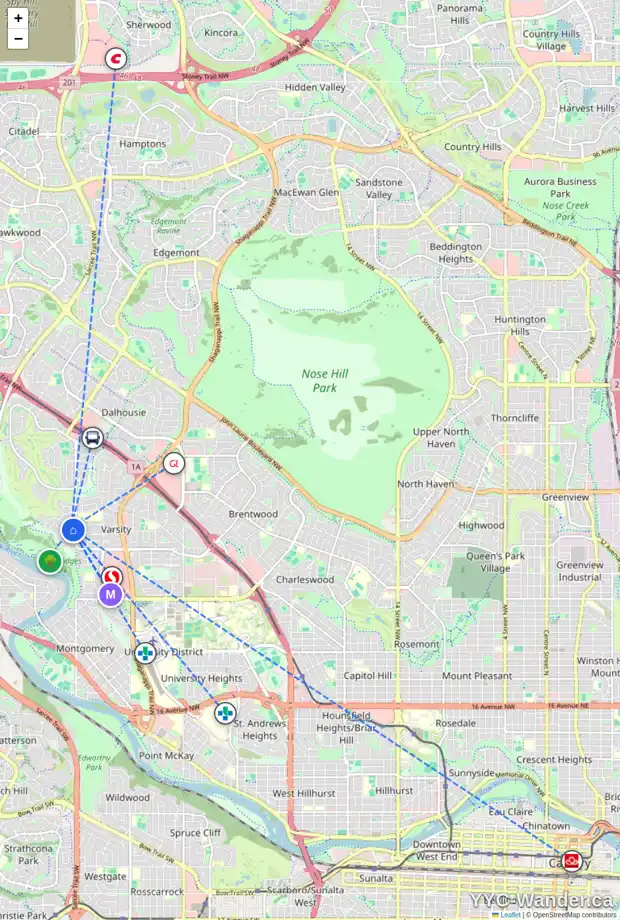 Daily accessibility map for 252 VARSITY CR NW, Calgary showing nearby schools, grocery stores, parks, LRT stations and nearby amenities
