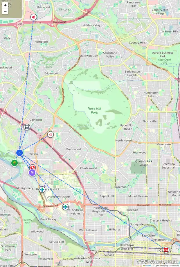 Daily accessibility map for 203 VARSITY CR NW, Calgary showing nearby schools, grocery stores, parks, LRT stations and nearby amenities